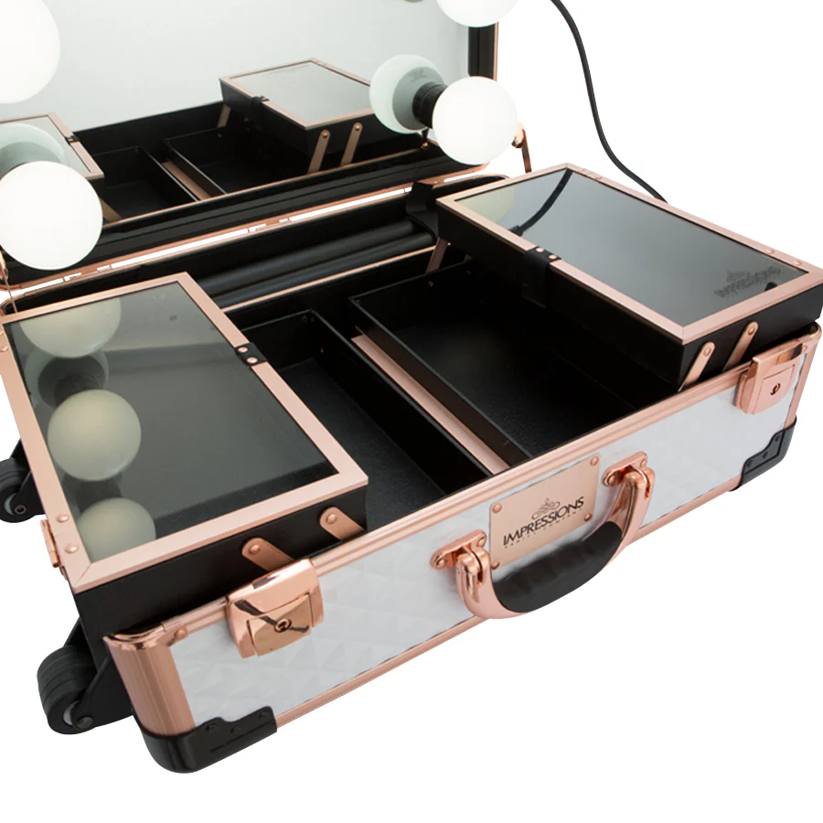 SlayCase® XLS Vanity Travel Train Case with Stand in White & Rose Gold Studded - Image 6