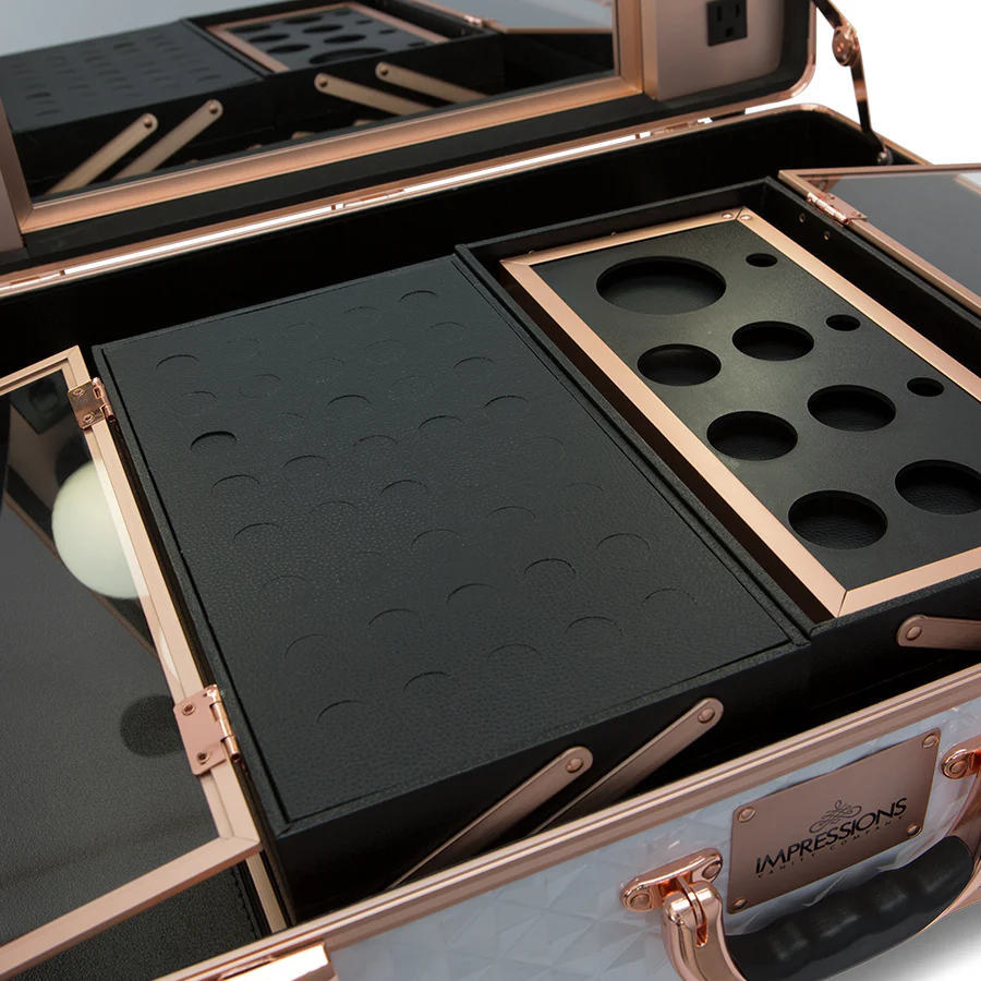 SlayCase® Pro Vanity Travel Train Case with Stand in White & Rose Gold Studded - Image 6